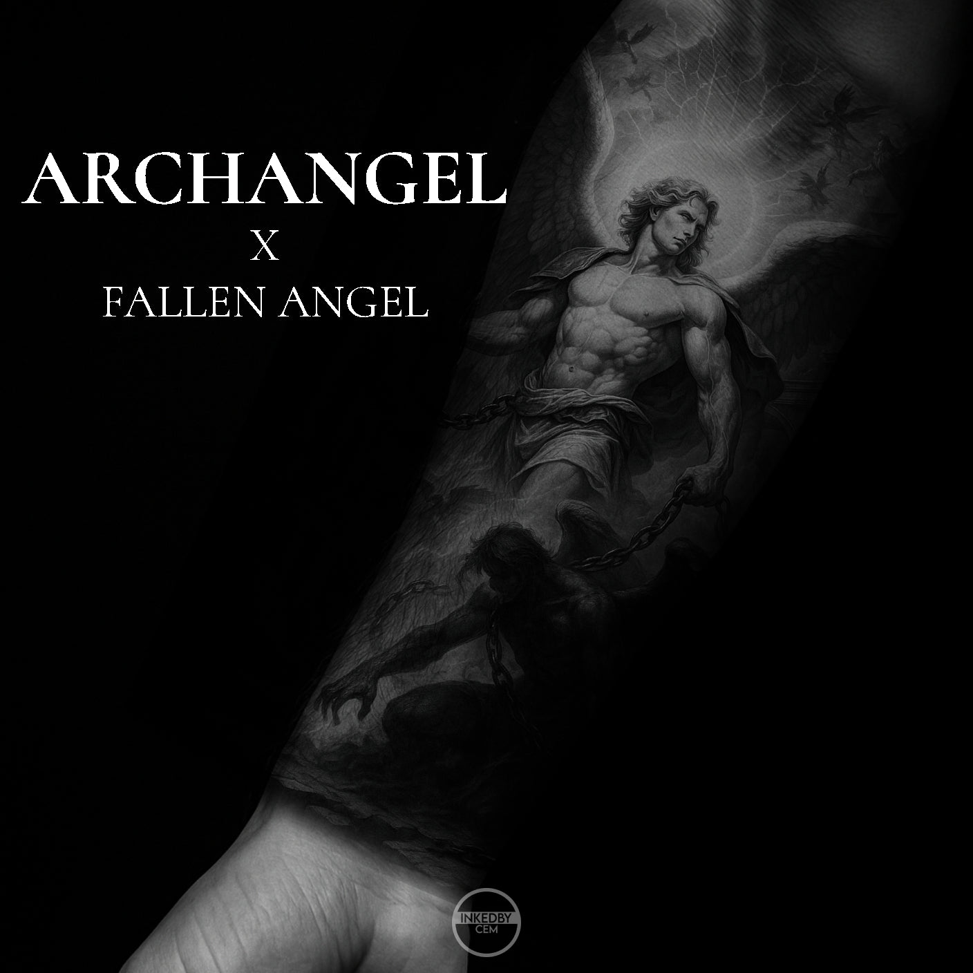 Archangel vs Fallen Angel | Premium Black & Grey Realism Tattoo Design